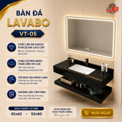Bàn Đá Lavabo 2 Tầng VT-05 [Kho Tổng 89] Mặt Đá Porcelain Đen Vân Vàng Kèm Gương LED & Vòi Inox SUS304