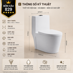 Bồn Cầu Liền Khối KT-829 Cao Cấp Xả Xoáy 360° Men Sứ Sáng Bóng Nắp Đóng Êm