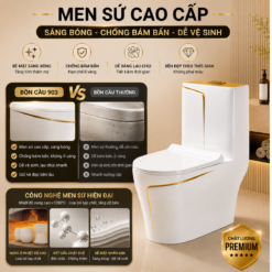 Bồn Cầu Liền Khối KT-903 Viền Vàng Cao Cấp Men Nano Xả Kép 3L/6L Nắp Đóng Êm