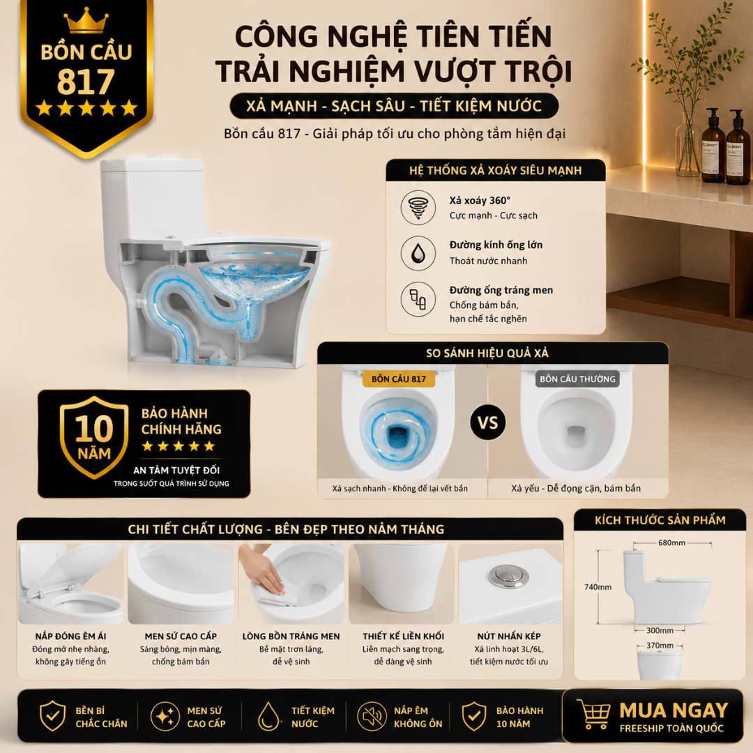 3 Bồn Cầu Liền Khối 817 Xả Xoáy Siêu Mạnh Men Sứ Cao Cấp