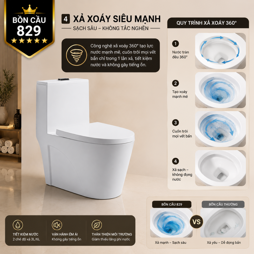 4 Bồn Cầu Liền Khối KT-829 Cao Cấp Xả Xoáy 360° Men Sứ Sáng Bóng Nắp Đóng Êm