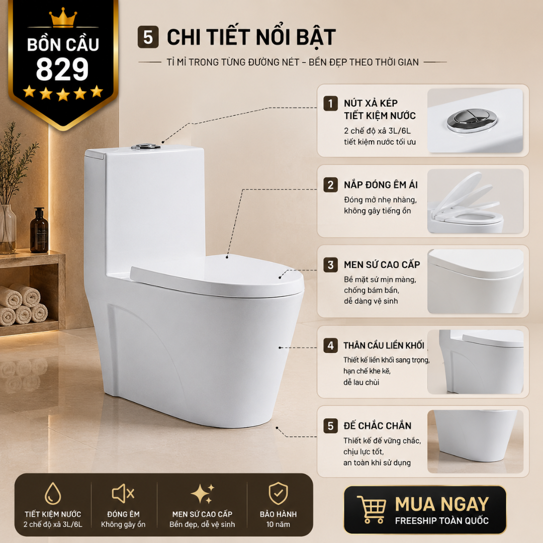 5 Bồn Cầu Liền Khối KT-829 Cao Cấp Xả Xoáy 360° Men Sứ Sáng Bóng Nắp Đóng Êm