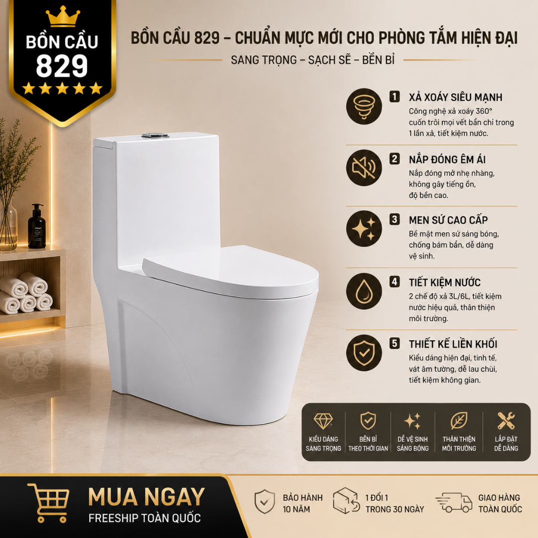 7 Bồn Cầu Liền Khối KT-829 Cao Cấp Xả Xoáy 360° Men Sứ Sáng Bóng Nắp Đóng Êm