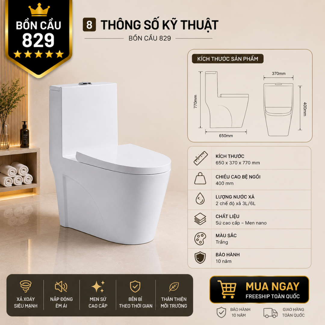 8 Bồn Cầu Liền Khối KT-829 Cao Cấp Xả Xoáy 360° Men Sứ Sáng Bóng Nắp Đóng Êm