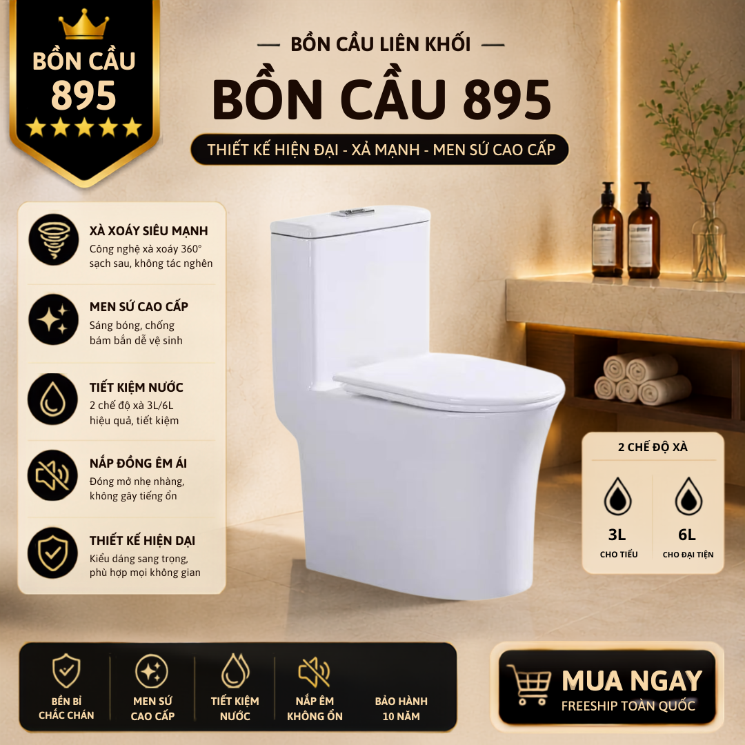 895 Bồn Cầu 895 KT-895 Liền Khối Men Sứ Cao Cấp Xả Xoáy 360°