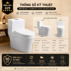 Bồn Cầu Liền Khối KT-029 Xả Xoáy 360° Men Sứ Cao Cấp, Nắp Đóng Êm, Tiết Kiệm Nước 3L/6L