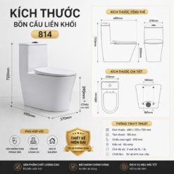 Bồn Cầu Liền Khối 814 Men Nano Cao Cấp Xả Xoáy 3L/6L Nắp Êm Tiết Kiệm Nước