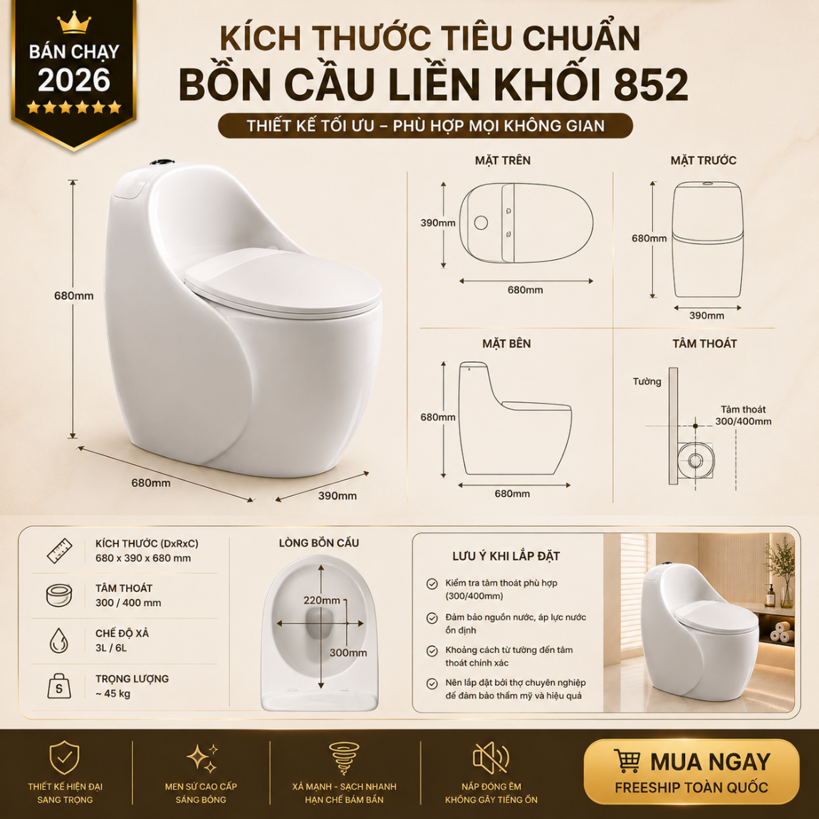 BON-CAU-TRUNG-852 (7) Bồn Cầu Trứng 852 Men Nano Cao Cấp Xả Kép 3L/6L Nắp Đóng Êm Tiết Kiệm Nước